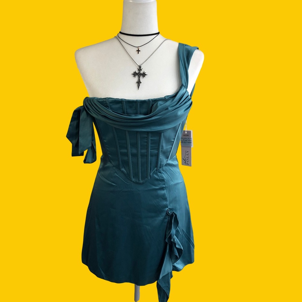 NWT Oh Polly Teal Satin One Shoulder Corset Mini Dress Size US 2 / UK 6 Party
